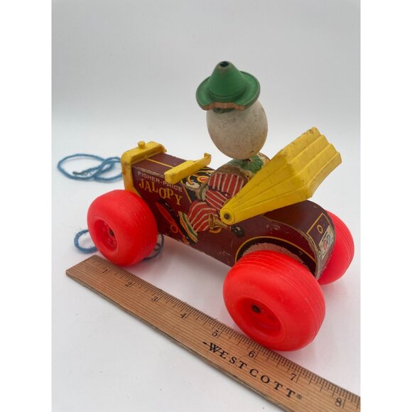 Vintage Fisher-Price Jalopy Pull Toy Clown Car With Red Wheels & String Pull - Picture 4 of 5